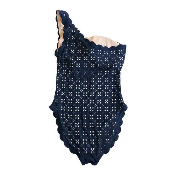 J. Crew Women's Scalloped one-shoulder swimsuit in laser-cut eyelet Navy Size 14 - Picture 6 of 10